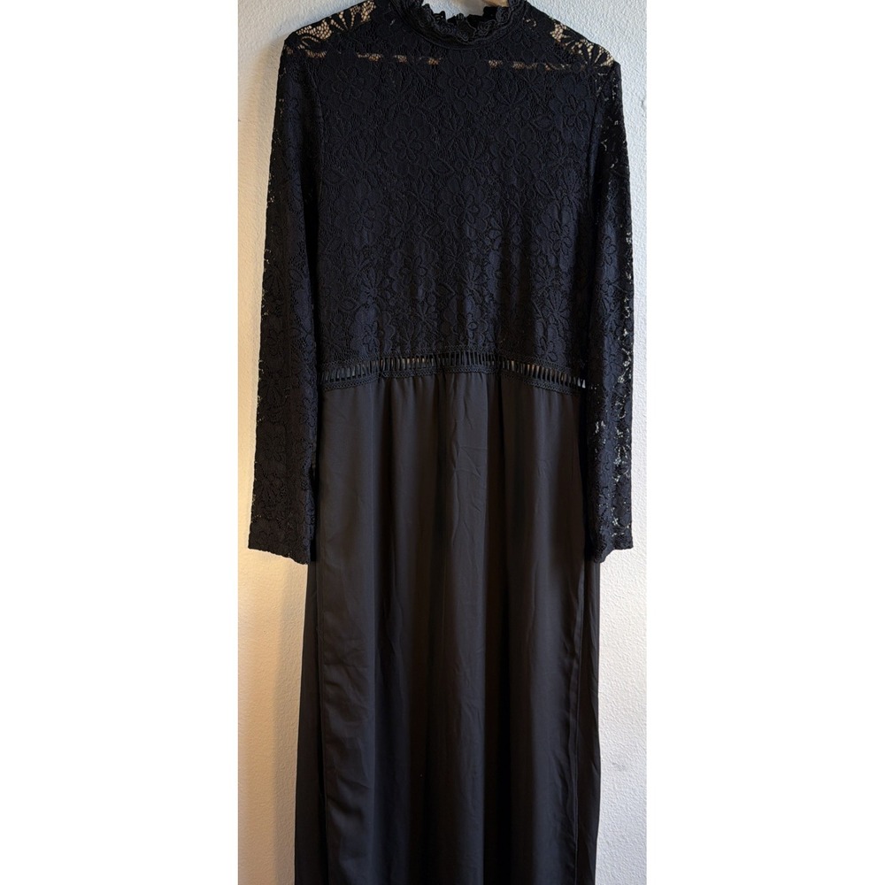 SweatyRocks Black Lace Mock Neck Maxi Dress Long Sleeve Sheer Crochet Cutout L